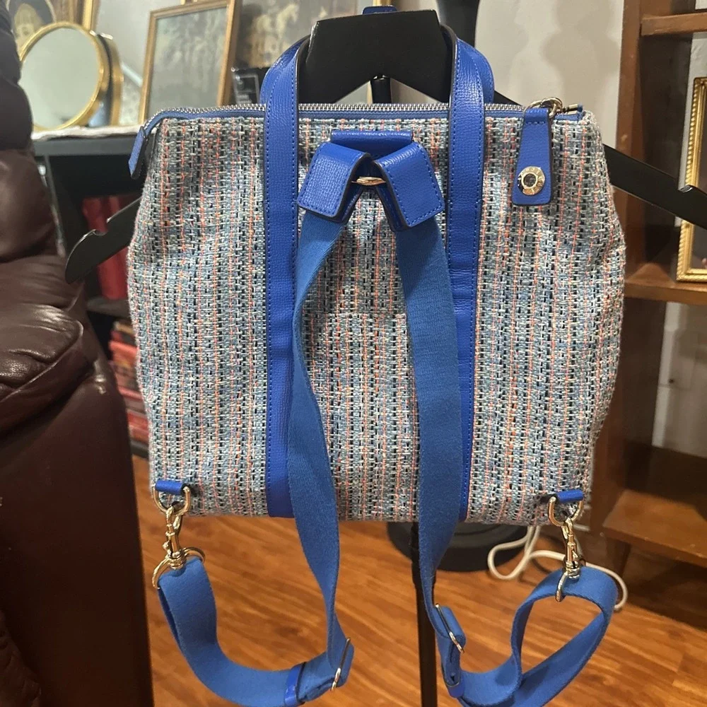 HENRI BENDEL Large Blue Leather Tweed Jetsetter Convertible Backpack Bag Preppy